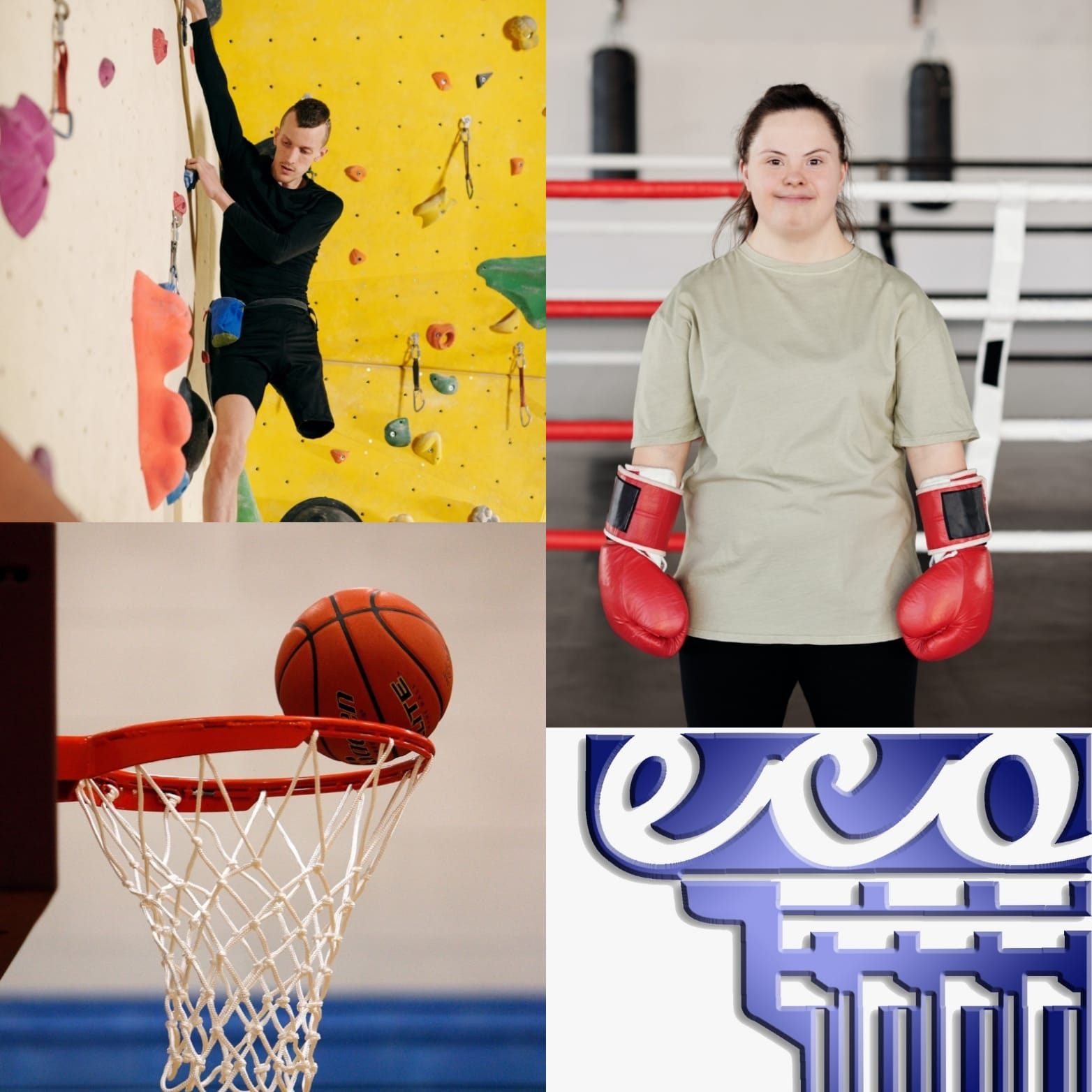 Montaje del logo del centro y la foto de varios deportistas haciendo deporte.