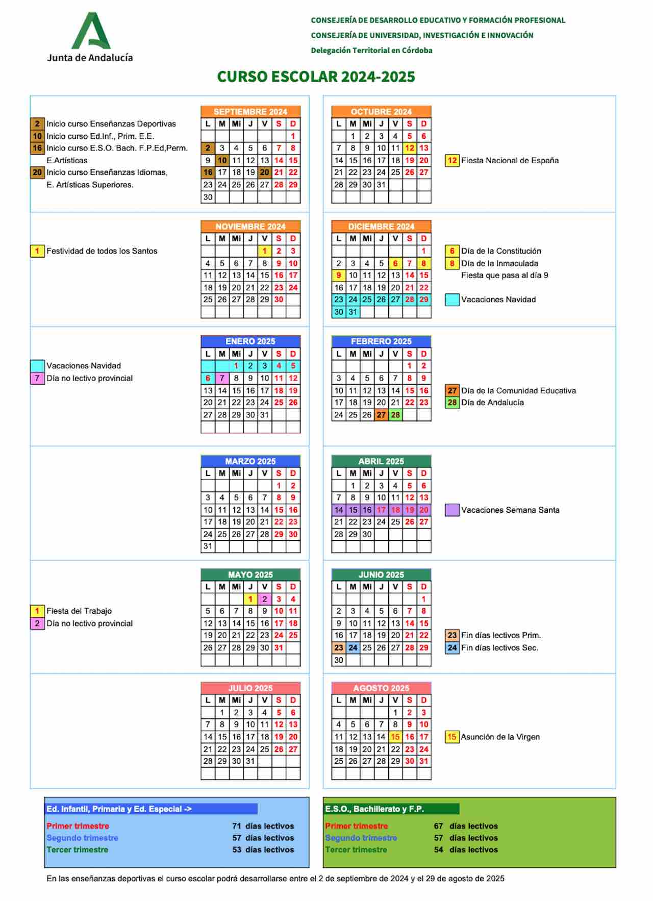 Calendario escolar curso 2024/25 provincia de Córdoba