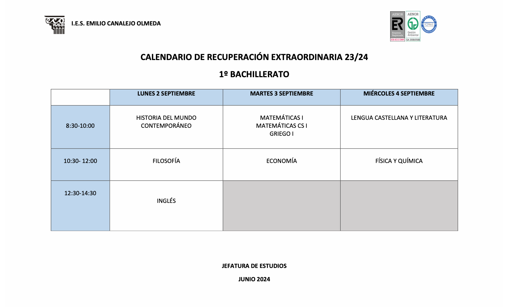 Calendario de exámenes