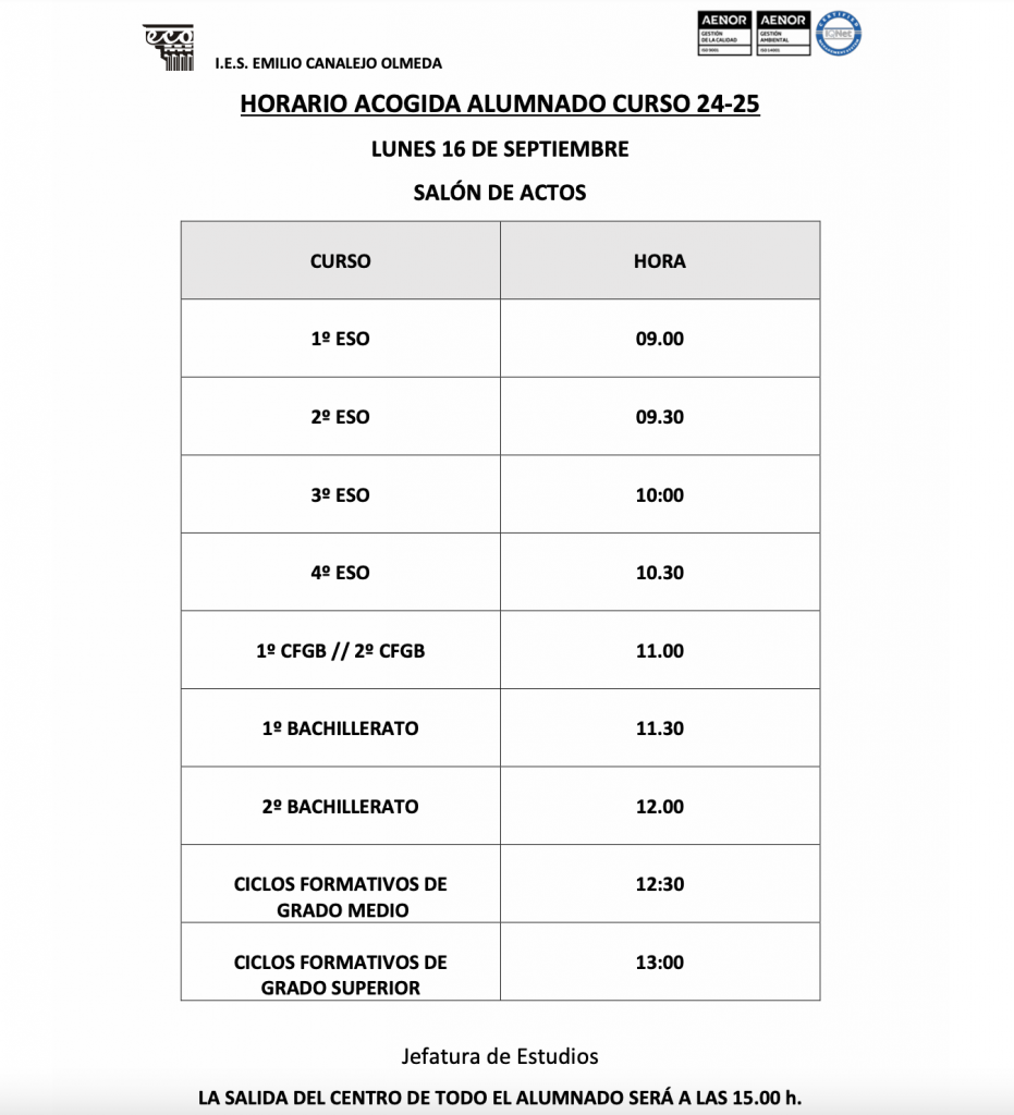 Horario de acogida lunes 16 de septiembre